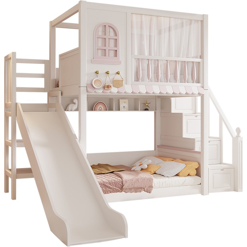 温情港实木儿童上下床层床两层子母女孩公主滑梯床树屋床高低床