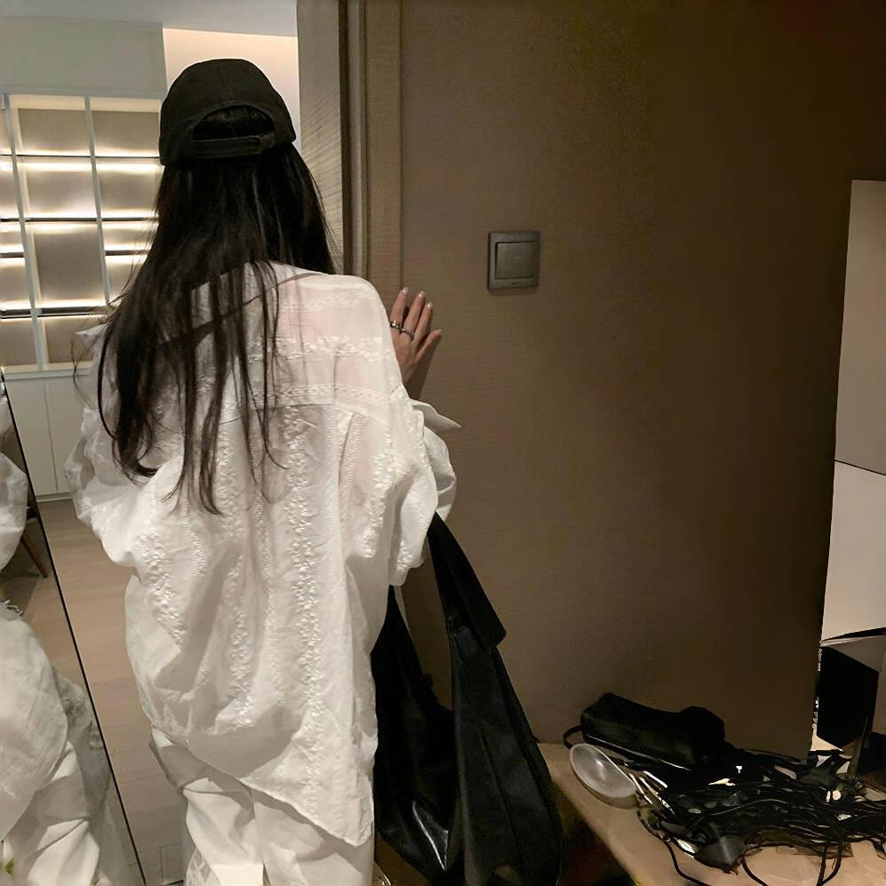 YooGirls松弛感廓形白色亚麻刺绣长袖衬衫女夏季薄款防晒衬衣外套