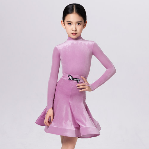Venny薇妮拉丁舞服新款女童比赛规定服超薄丝绒高领演出国标考级