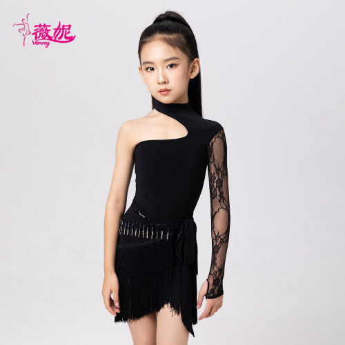 Venny薇妮拉丁舞服女儿童练功服蕾丝挂脖上衣流苏半裙训练表演服
