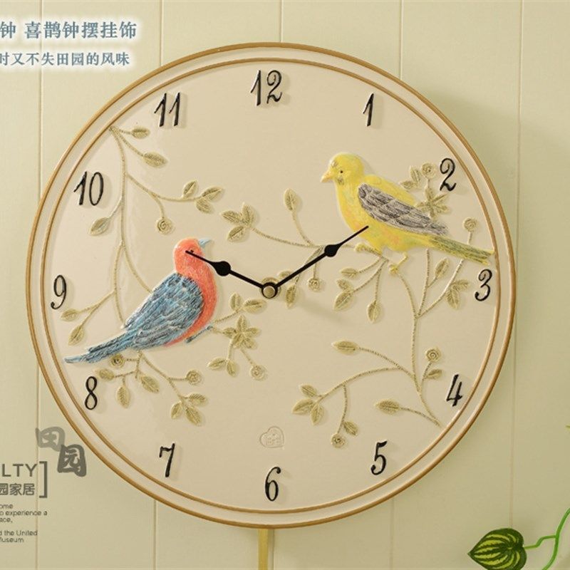 欧式创意树脂挂钟立体乡村田园静音客厅挂钟家居饰卧室小鸟钟表