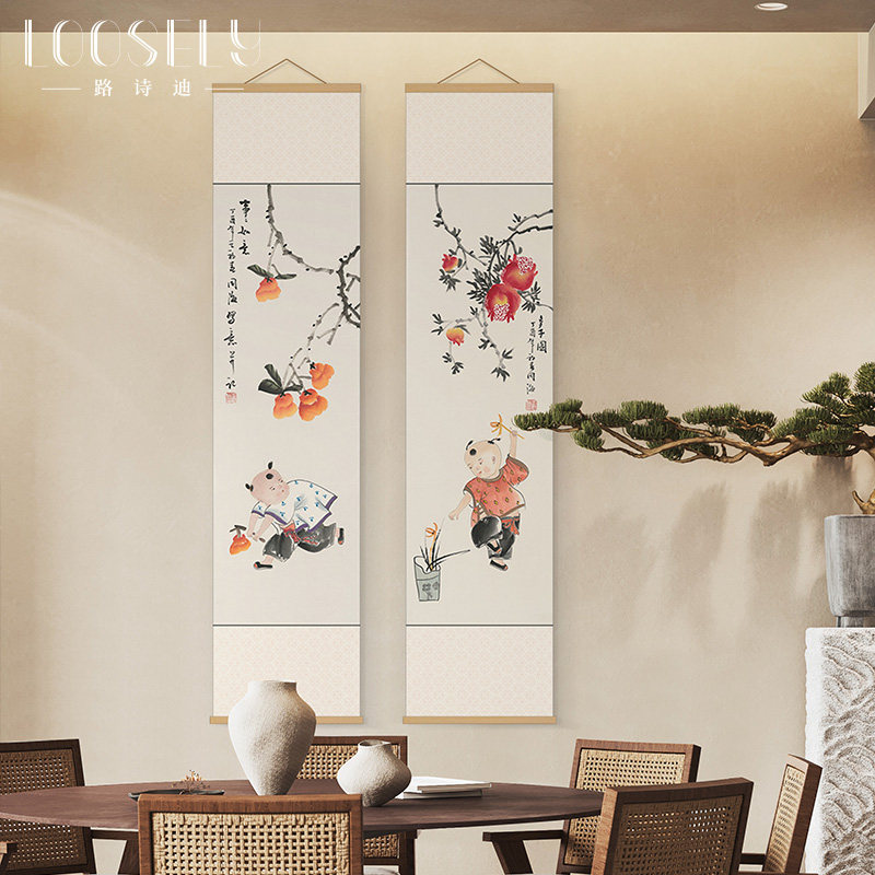 鸟书房卷轴画茶室玄关竹帘画客厅沙发背景墙饰画