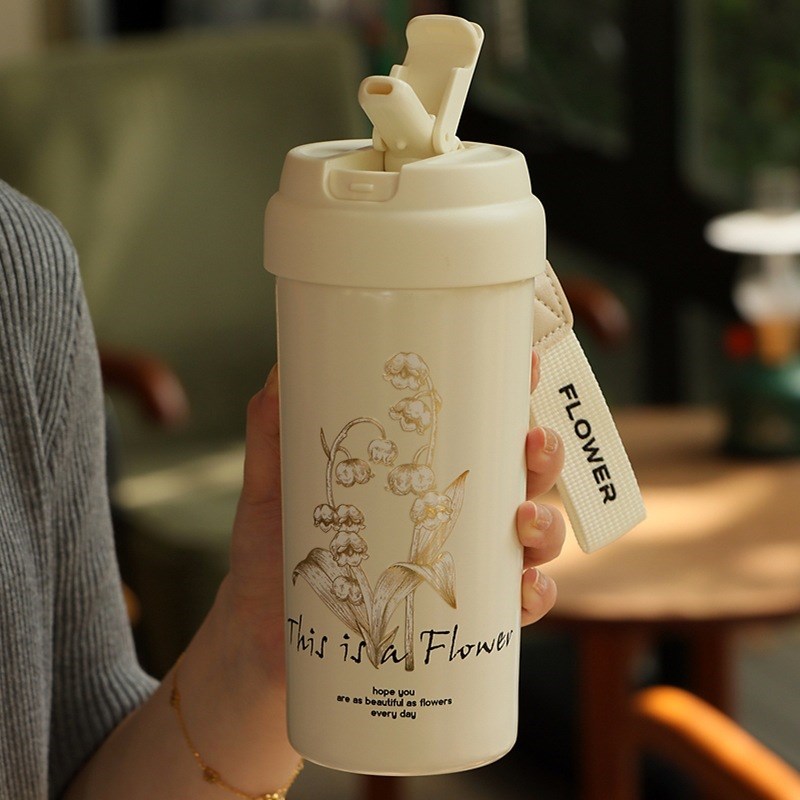 高颜值铃兰花保温杯简约带茶隔咖啡杯便携不锈钢杯吸管杯水杯