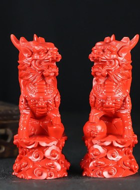 朱砂红色麒麟摆件招财一对镇宅火麒麟八卦缺火补火客厅玄关乔迁