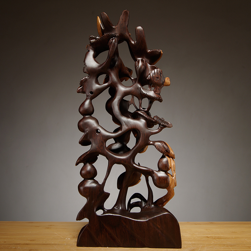 黑檀木五福临门葫芦雕刻红木家居客厅装饰工艺品乔迁新居送礼