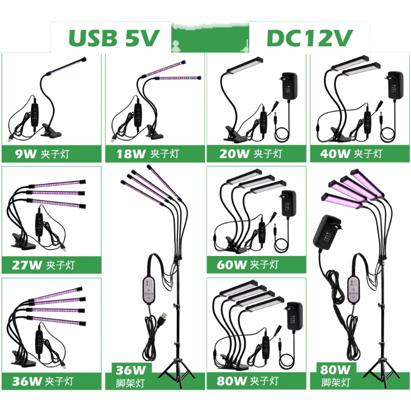led植物生长灯UB循环定时室内多肉上色全光谱四管夹子红蓝补光灯