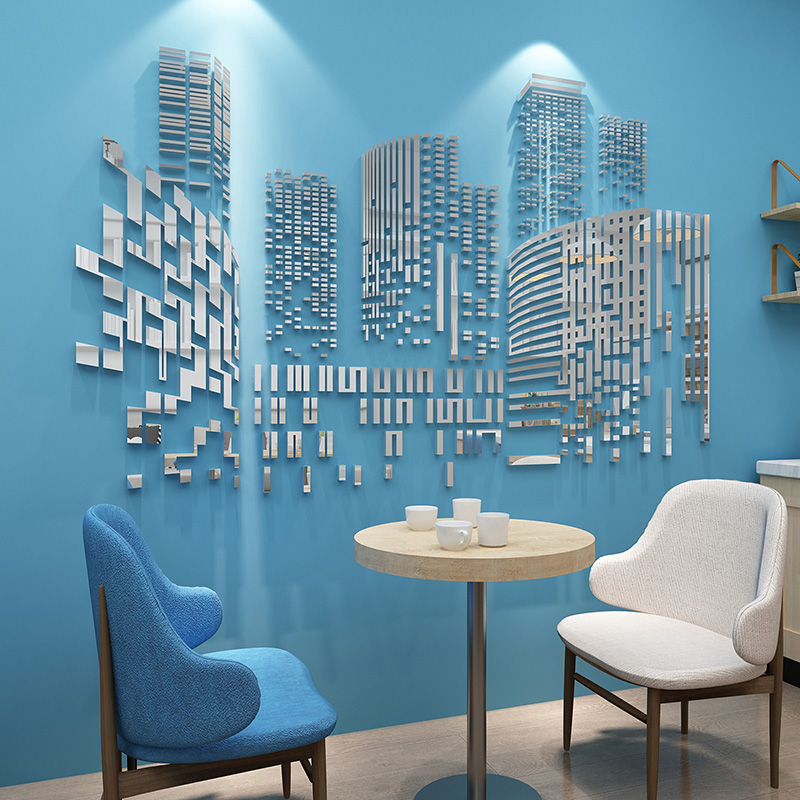 镜面马赛克墙贴d立体餐厅墙面贴纸现代城市剪影客厅沙发背景装饰