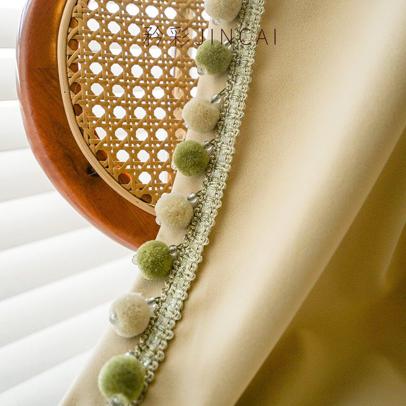 矜彩法式复古抹茶绿新拼色窗帘毛球花边客厅卧室遮光飘窗奶油风