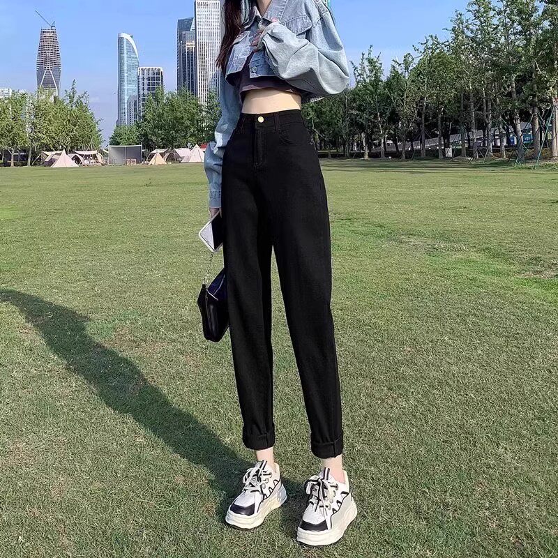 黑色哈伦牛仔裤女高腰2025新款夏季薄款宽松春秋九分萝卜老爹裤子
