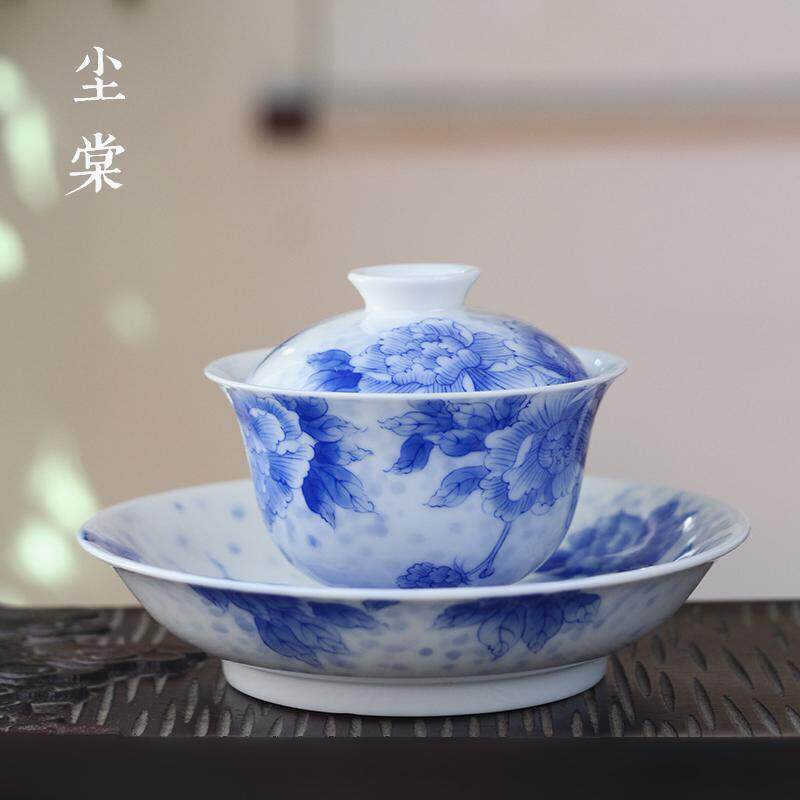尘棠景德镇青花瓷牡丹花不烫手盖碗茶杯壶承纯手工手绘国花三才碗