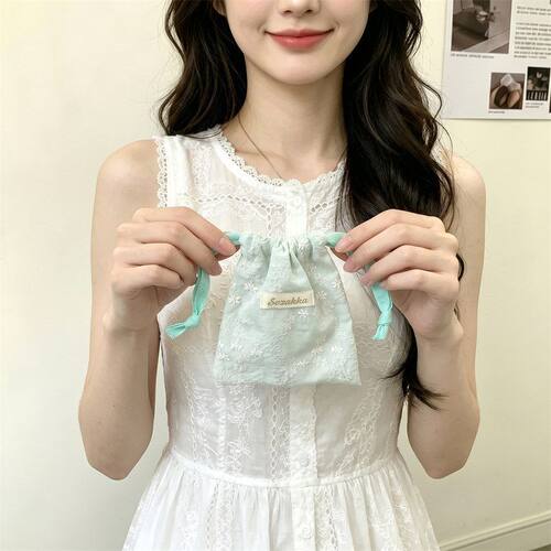 6583 蕾丝刺绣抽绳收纳袋柔光纱质韩系少女风随身饰品整理袋