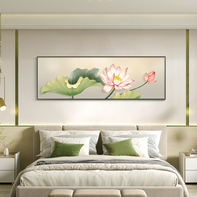 现代荷花卧室床头装饰画横版主卧房间挂画客厅沙发背景墙温馨壁画图片