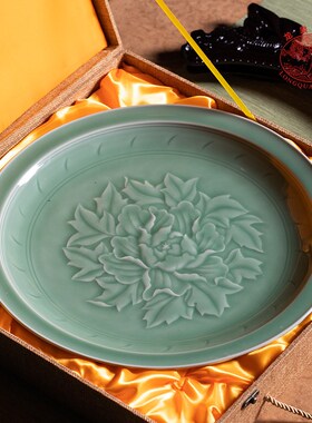 龙泉青瓷牡丹盘家居饰品创意陶瓷办公室客厅装饰摆设