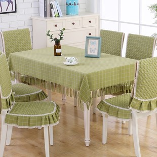 亚麻格子茶几桌布布艺长方形家用棉麻 餐桌椅子套罩餐椅套椅垫套装