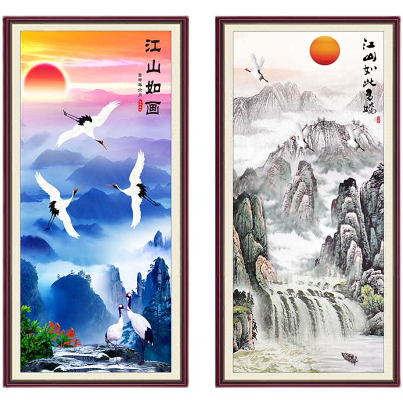 江山如此多娇壁画背胶竖版中式山水风景墙贴纸客厅入户玄关装饰画