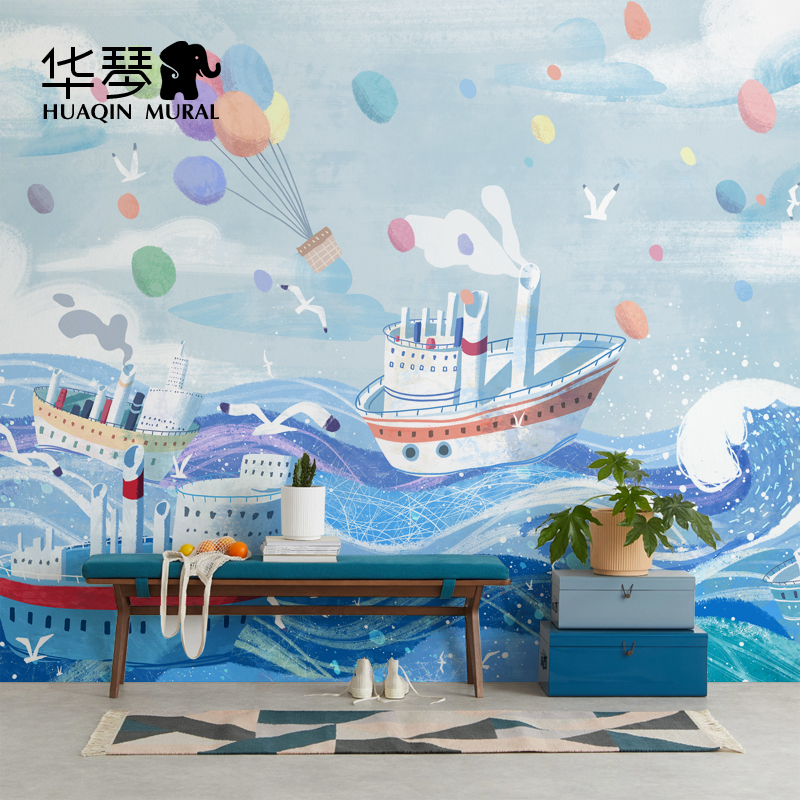 大海航海卡通船男孩儿童房卧室背景墙壁纸环保墙布壁布壁画墙纸