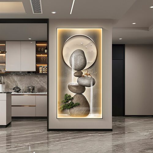 石来运转玄关饰画竖侘寂风福鹿壁画流水生财入户走廊过道挂画