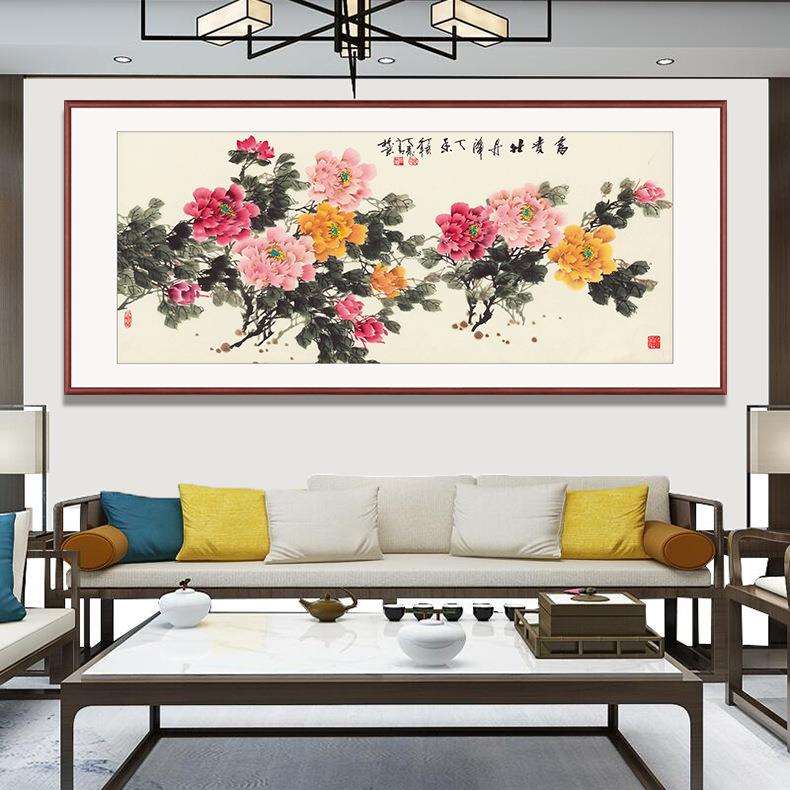 现代新中式花鸟壁画名家纯手绘卧室床头画花开富贵牡丹图客厅挂画