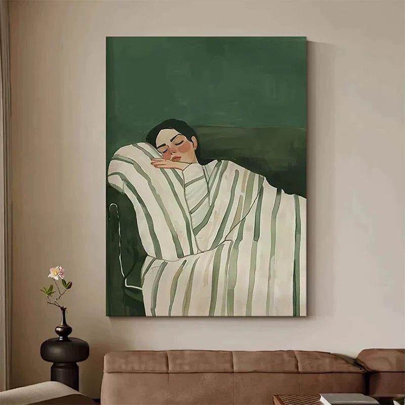 纯手绘人物油画中古风绿色客厅玄关装饰画高档慵懒少女卧室手工画