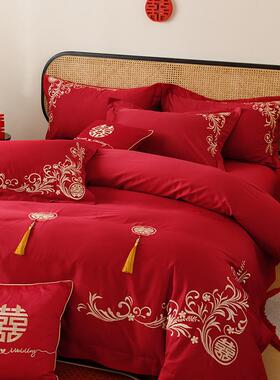 简约中式婚庆四件套全棉100S长绒棉红色喜字刺绣结婚被套床单床笠