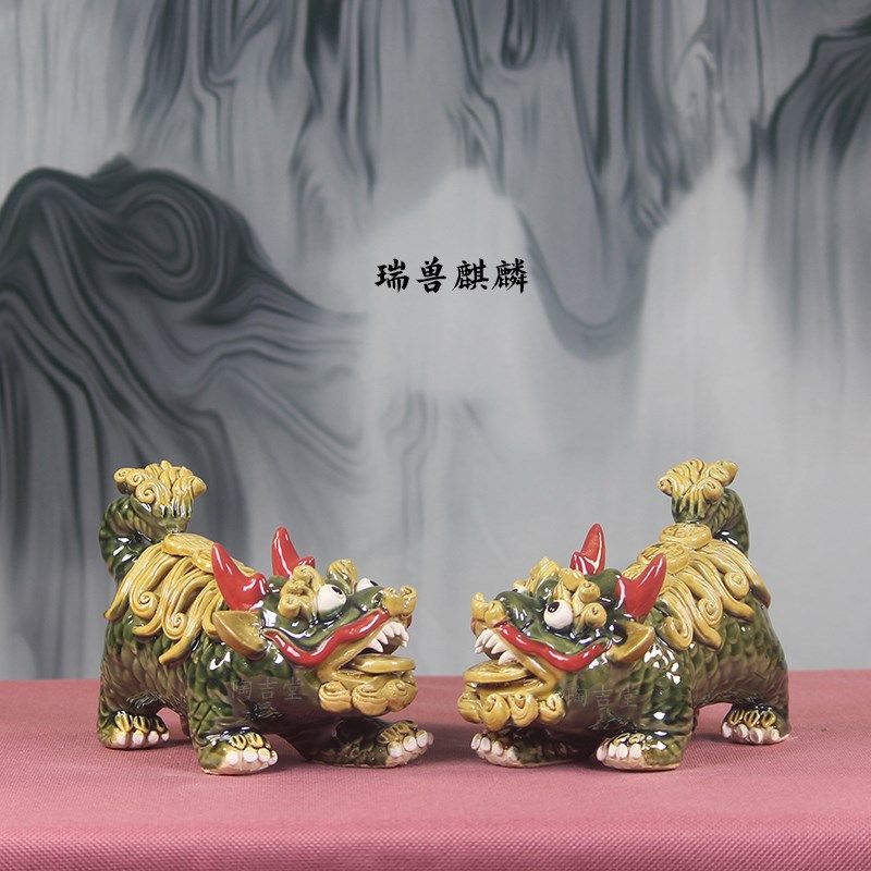 石湾公仔陶瓷工艺品麒麟一对招财旺宅新居玄关办公桌面装饰,家居饰品,装饰摆件,淘宝优惠券,粉丝福利购,淘宝优惠卷