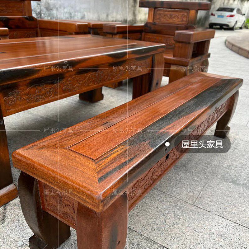 老船木沙发八件客厅雕花三人实木沙发椅仿古办公室别墅沙发