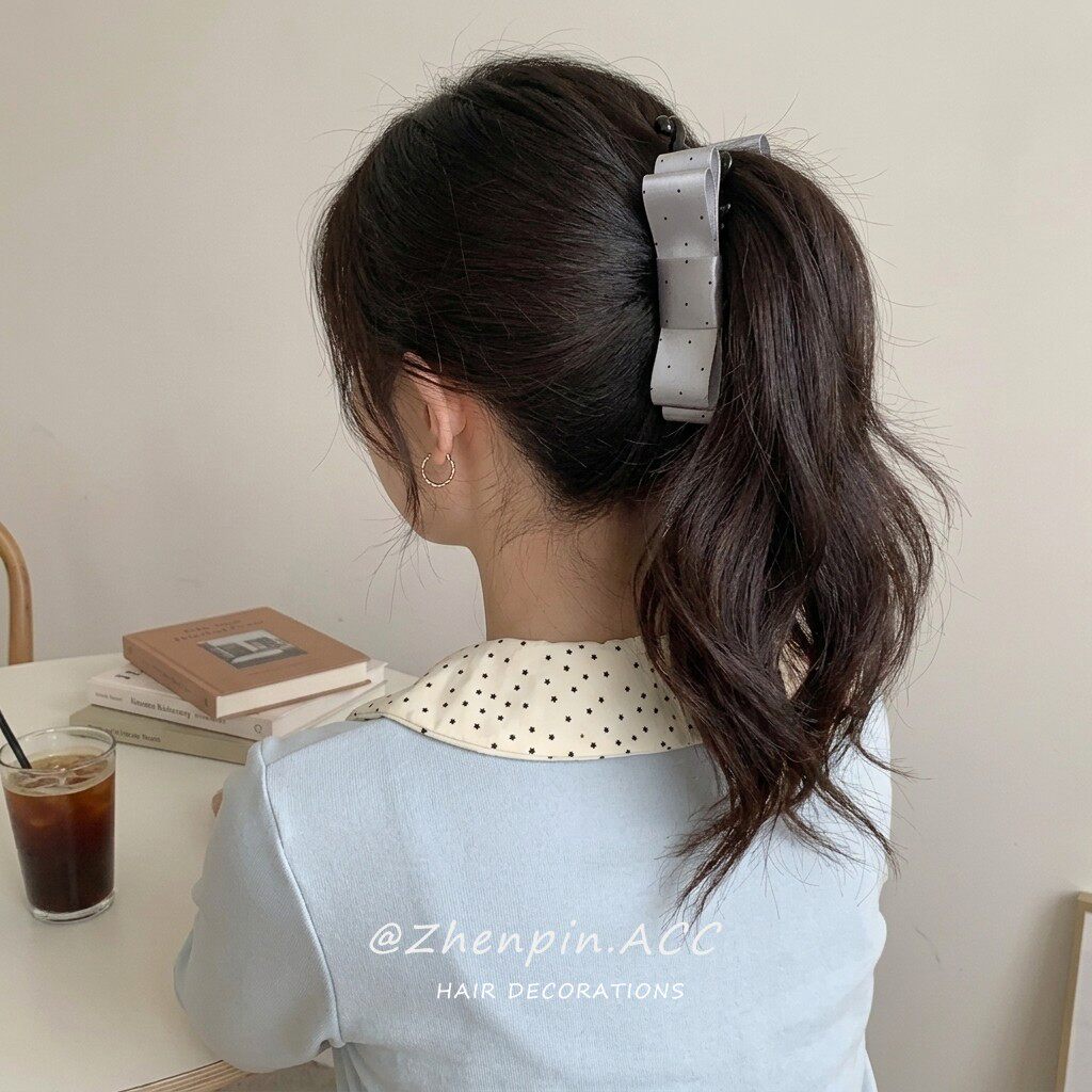 韩系ins风缎面波点蝴蝶结香蕉夹