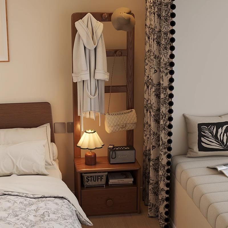 实木小型床头柜挂衣架一体卧室家用落地衣帽架简约现代床头置物架
