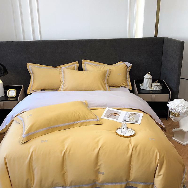 中高端轻奢140支长绒棉四件套简约纯色全纯棉刺绣被套床上用品