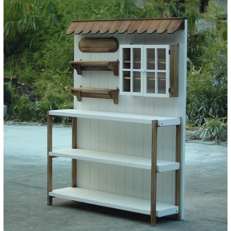 户外做旧实木园艺工作台桌子花园阳台收纳工作台防腐木花架置物架