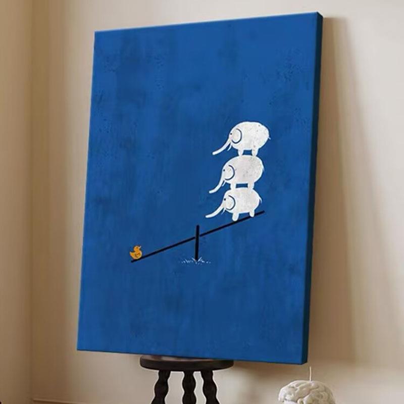 手绘油画克莱因蓝色客厅玄关装饰画小众创意三只小象儿童房挂画