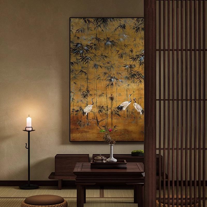 宋代美学竹林仙鹤装饰画现代中国风客厅玄关挂画中古风茶室壁画