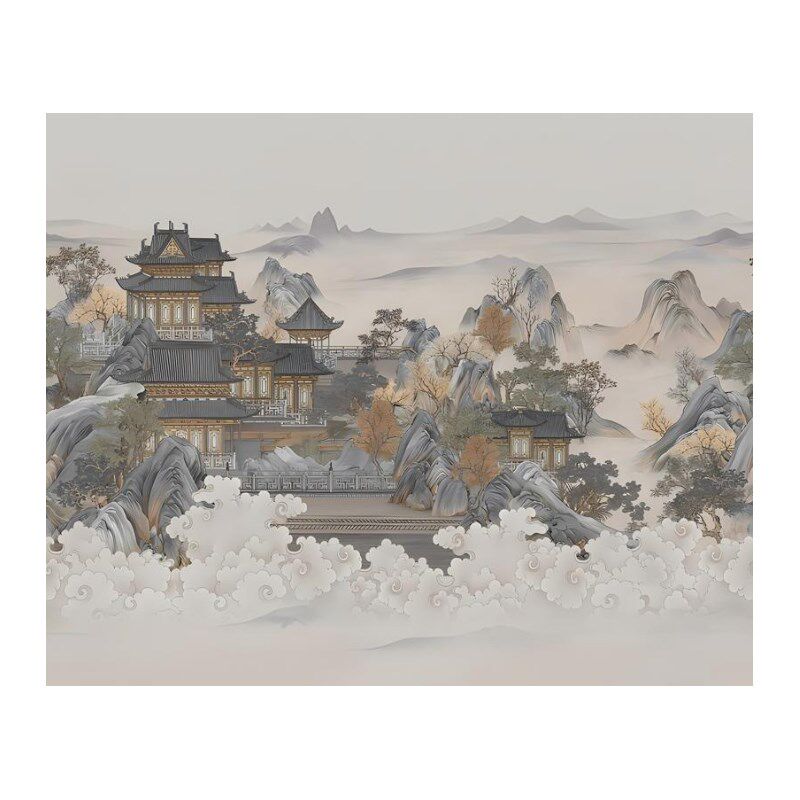 新山水墙楼阁壁画客厅壁布酒店沙发背景墙布饰壁画