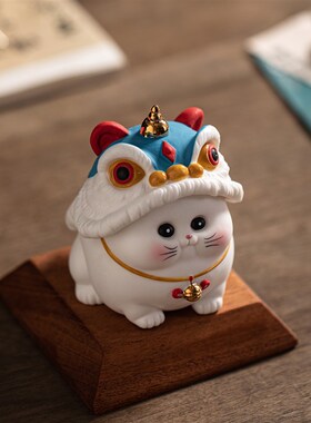 国潮醒狮小摆件客厅办公桌面装饰工艺品汽车载陶瓷可爱猫咪