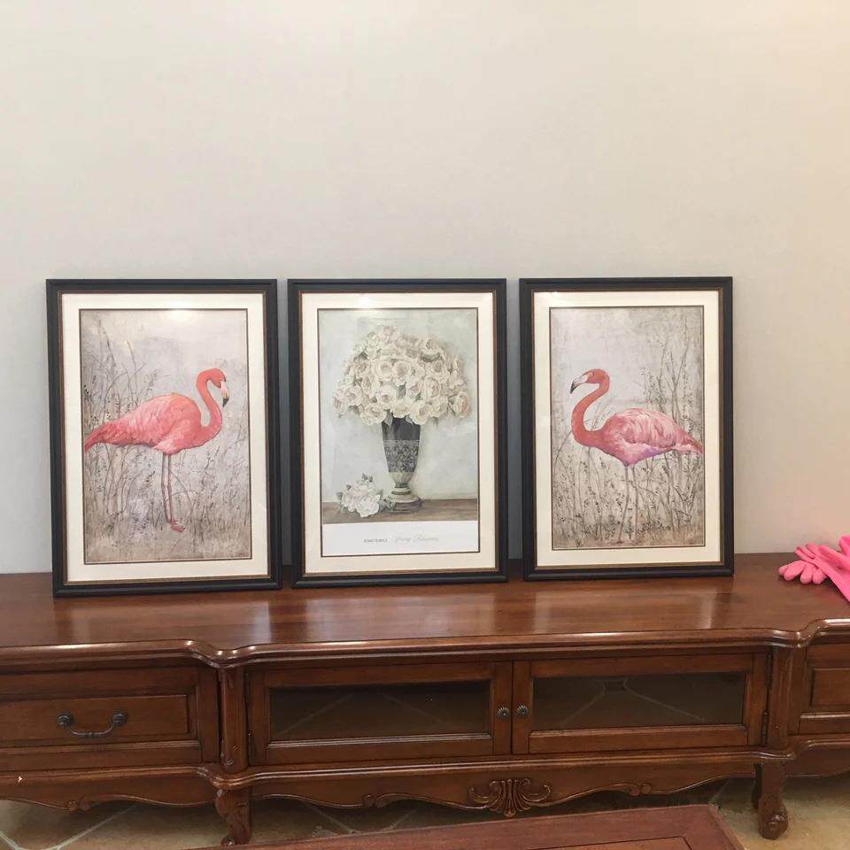美式现代客厅沙发三联平安富贵组合画蔷薇火烈鸟欧式复古餐厅挂画