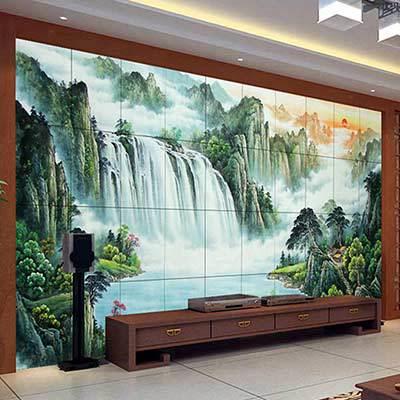 室外庭院客厅山水风景壁画装饰 农村迎门墙照壁墙砖迎客松瓷板画