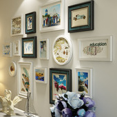 地中海照片墙实木现代相框墙拐角欧式 复古婚纱照背景墙客厅