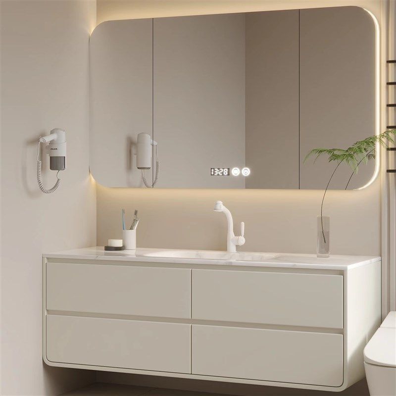 岩板热弯一体盆橡木浴室柜奶油风圆角洗漱台洗脸盆柜定制