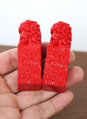 天然原矿石料朱砂书房办公室装饰品小狮子印章一对狮子头