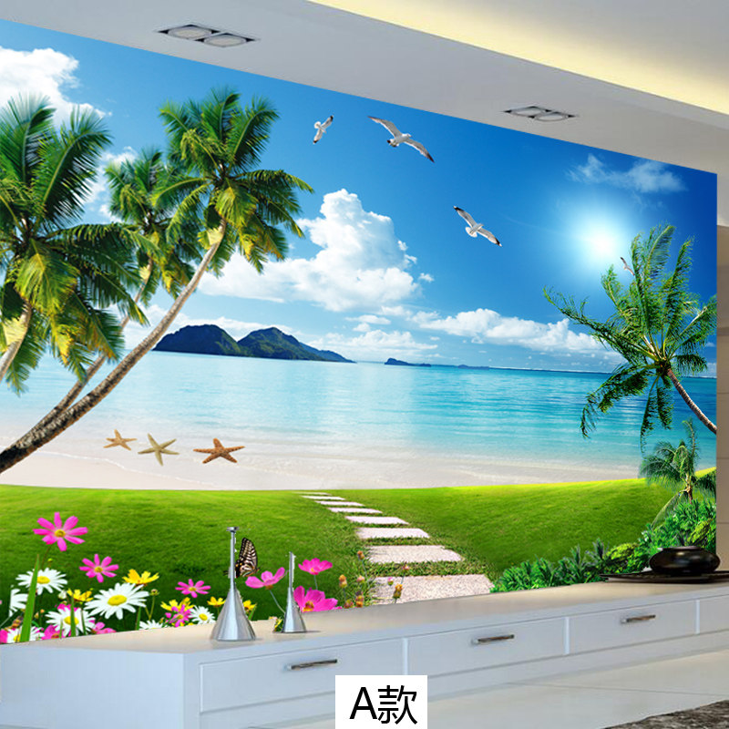 艺舍墙纸大海壁纸地中海沙滩电视背景墙画壁画椰树海滩墙布壁纸