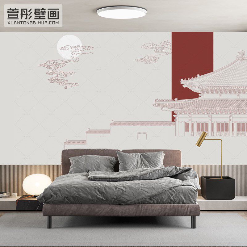 新酒店客厅背景墙布饭店包厢墙面装饰墙纸楼阁壁画茶室壁纸布