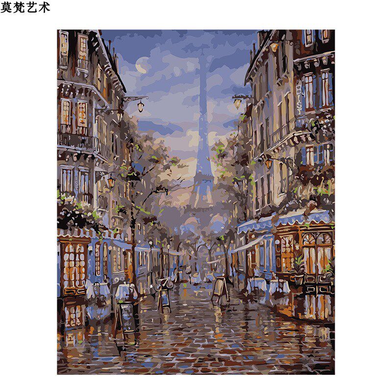 数字油画手工填充巴黎铁塔下街景风景画手绘涂色丙烯油彩画画