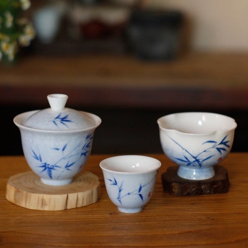 怡茗阁羊脂玉盖碗茶杯女釉下纯手绘竹子才盖碗功夫茶具