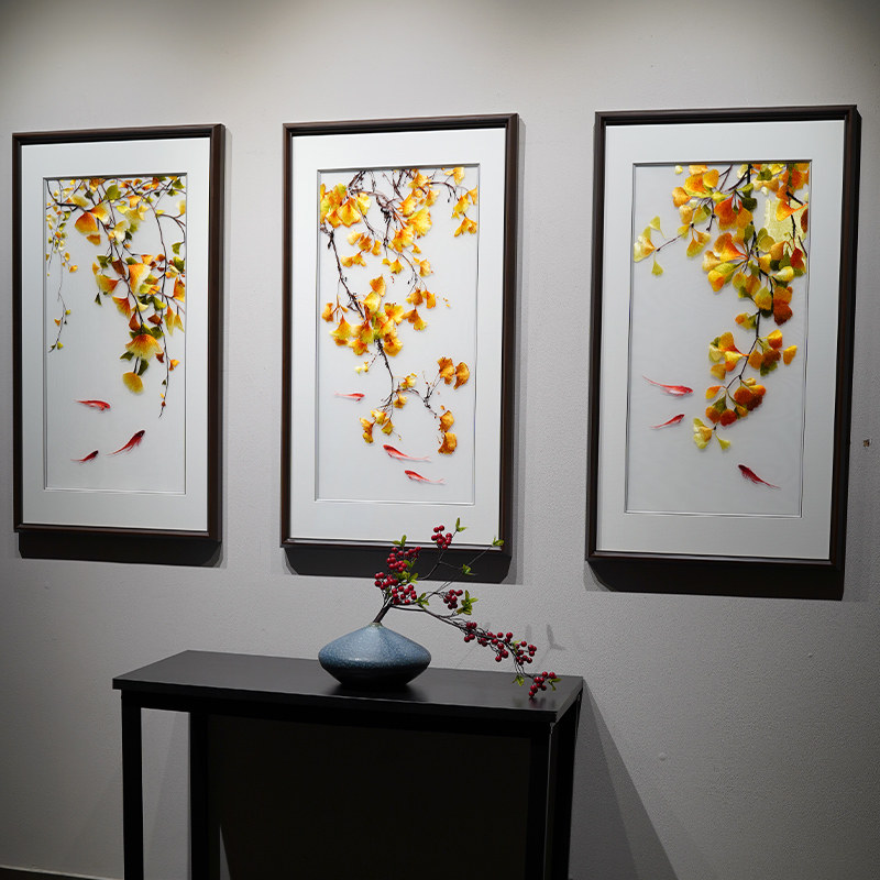 苏绣成品挂画三银杏久鱼刺绣纯手工装饰画玄关走廊到丝定制