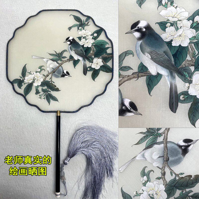加密真丝绢扇熟绢扇子空白团扇工笔画鸟国画绘画古风宫扇长扇