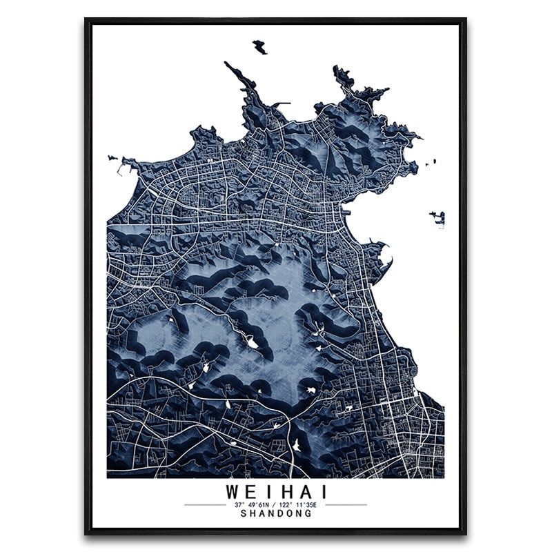 山东威海城市地图挂画彩色色块简欧客厅背景装饰画玄关创意艺术画
