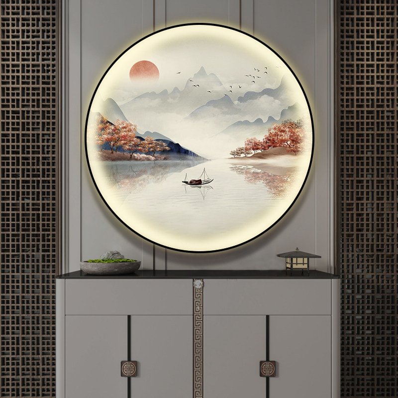 新山水画进门玄关装饰画背景墙壁画圆形灯画书房茶室发光挂画