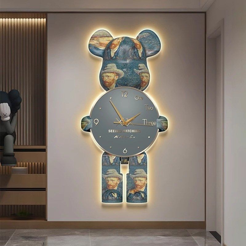带灯挂钟暴力熊装饰画客厅玄关卧室静音钟表壁灯挂画灯画