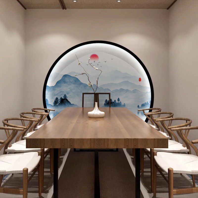 定制圆形新玄关装饰画水墨圆圈弧形山水壁纸过道走廊背景墙布