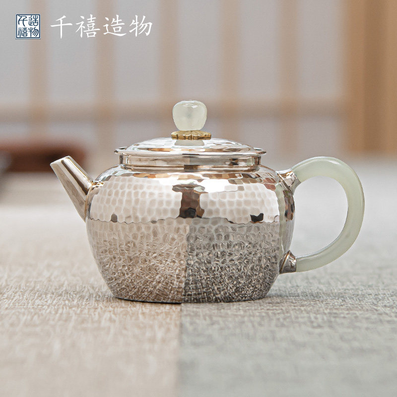 手工足银泡茶壶 急须锤纹玉把小容量银壶功夫云南茶具
